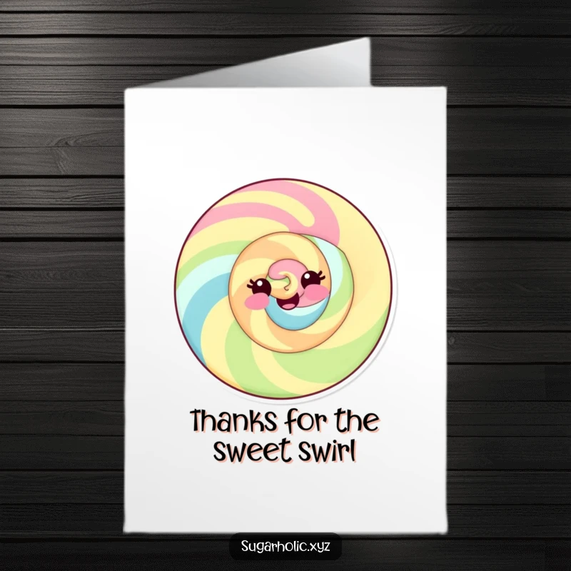 Funny Free Printable Thank You Card: Delightful candy swirl beaming with a happy, playful smile, sending sweet thanks.