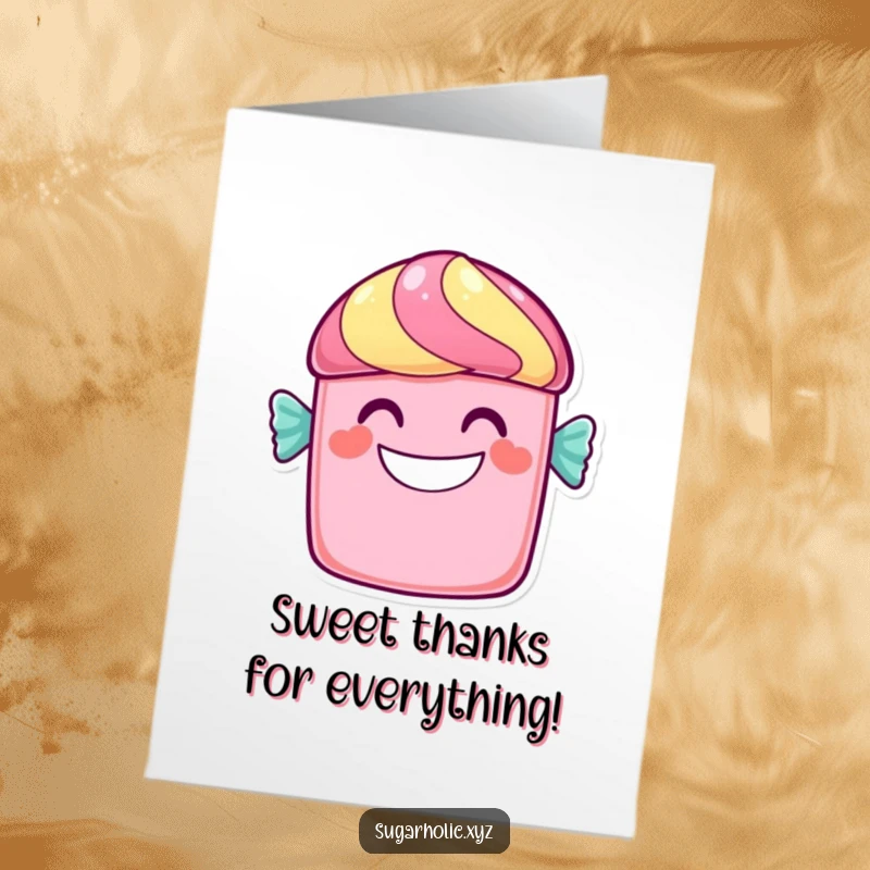 Funny Free Printable Thank You Card featuring a cheerful candy bar character with a wide, sweet, and happy grin.