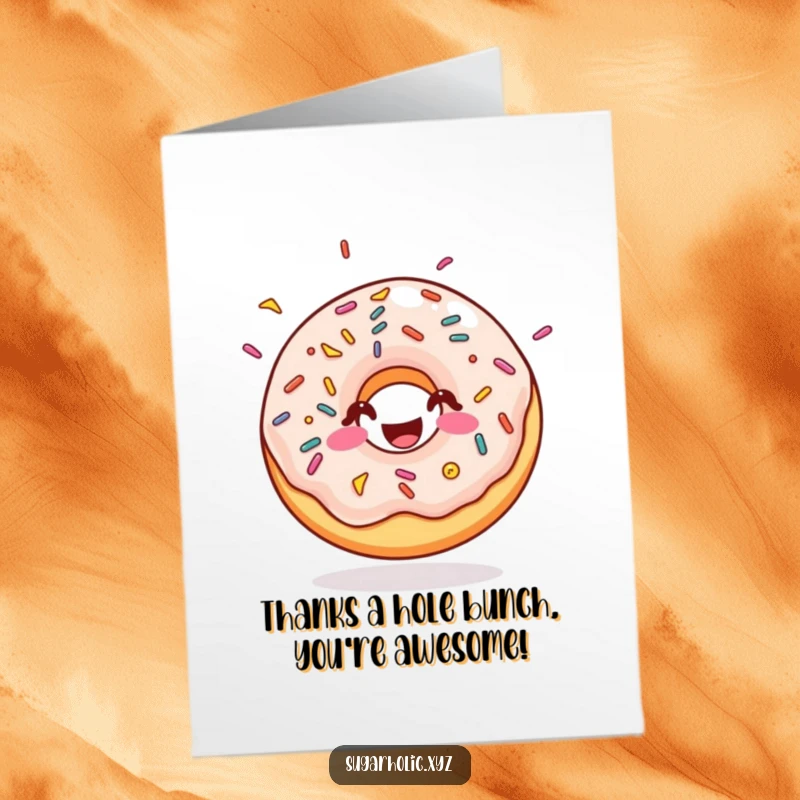 Funny Free Printable Thank You Card: A happy doughnut with sprinkles bounces, expressing sweet gratitude.
