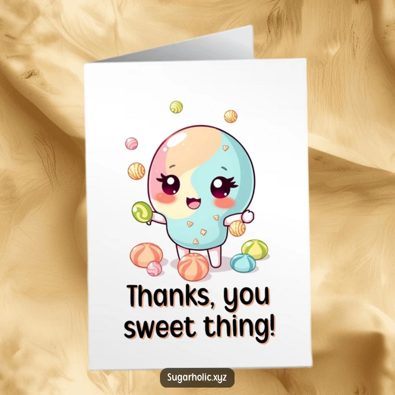 Funny Free Printable Thank You Card: Winking candy juggles glittering candies, expressing thanks with downloadable sweetness.