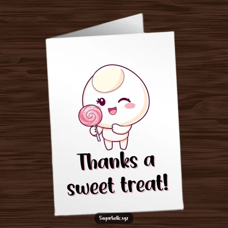 Funny free printable thank you card featuring a candy character with a cheerful wink, holding a dazzling lollipop.