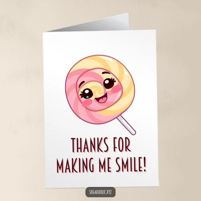 Funny free printable thank you card: a giggling lollipop spinning with a cheerful expression for thanks.