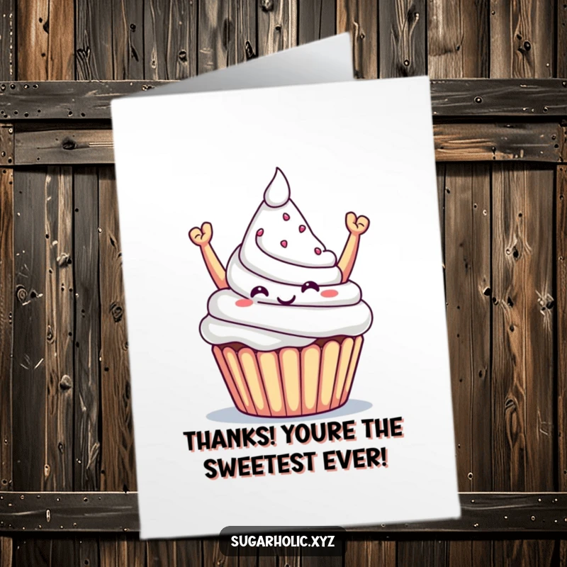 Funny Free Printable Thank You Card: A proud cupcake offers a mountain of sugar with a triumphant smile.