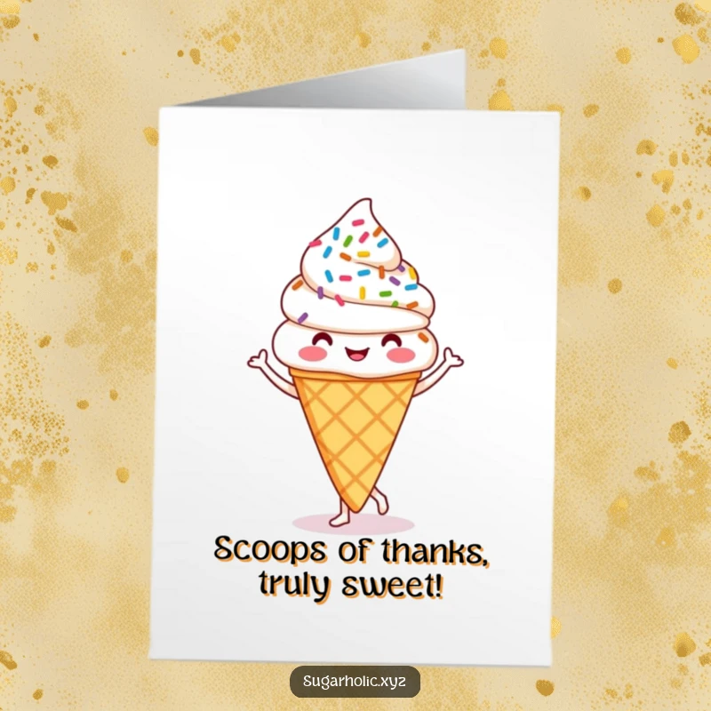 Funny Free Printable Thank You Card: A happy ice cream cone with sprinkles doing a jig, expressing sincere thanks. A delightful DIY thank you.