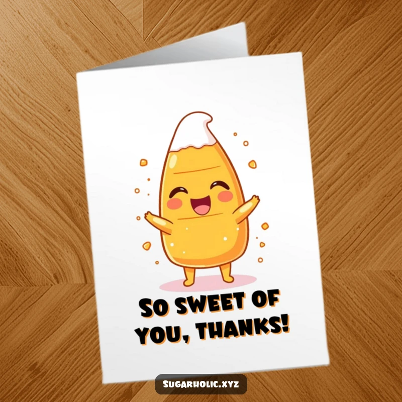 Funny free printable thank you card with a laughing candy corn character covered in a dusting of sugar.