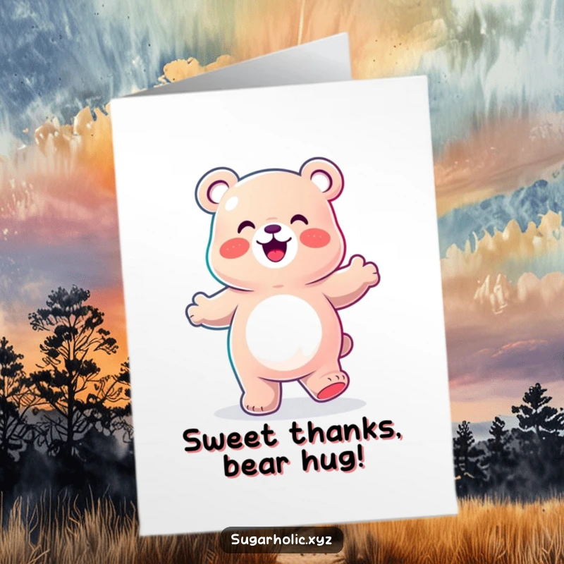Funny Free Printable Thank You Card: A gummy bear character performing an ecstatic dance, showing sincere appreciation.