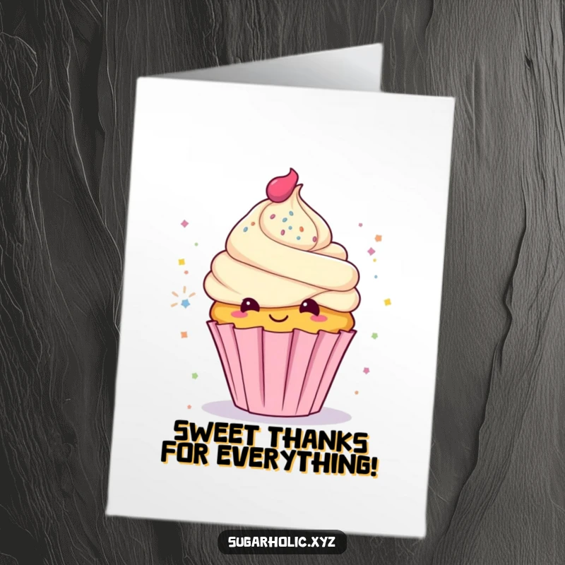 Funny Free Printable Thank You Card: A cupcake character with a sly grin scattering glitter happily.