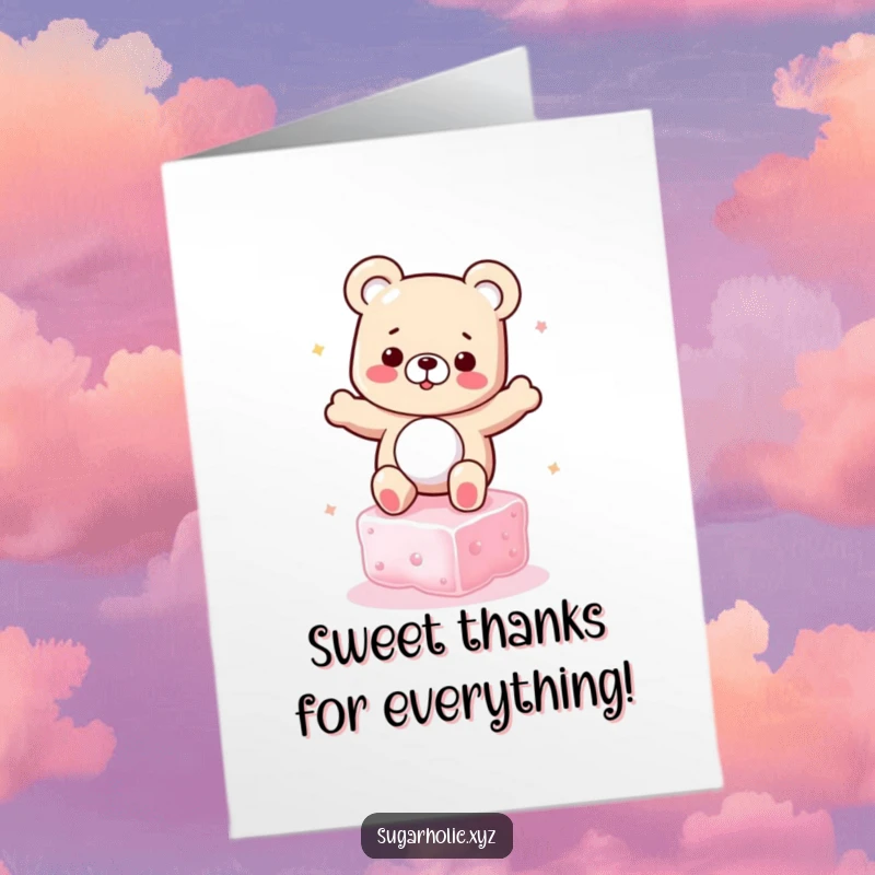 Funny free printable thank you card of a cheerful gummy bear character dancing playfully on a floating sugar cube.