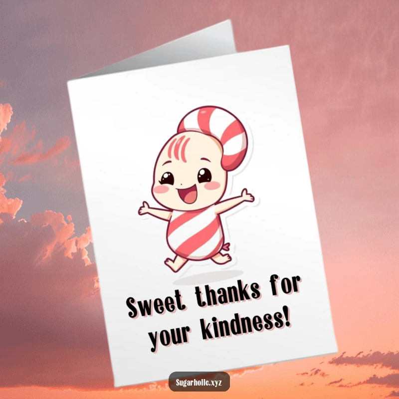 Funny Free Printable Thank You Card: A grinning candy cane character spins playfully, conveying thanks with a cheerful and charming gesture.