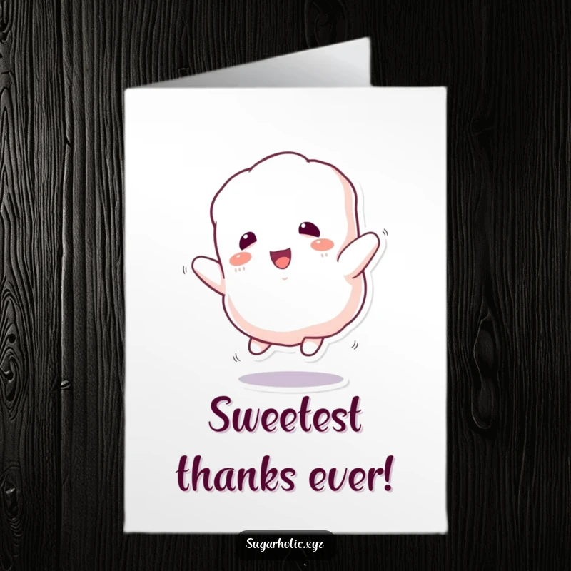 Free Printable Thank You Card: Enthusiastic marshmallow character bounces happily, sending sweet thanks, a charming DIY gift.
