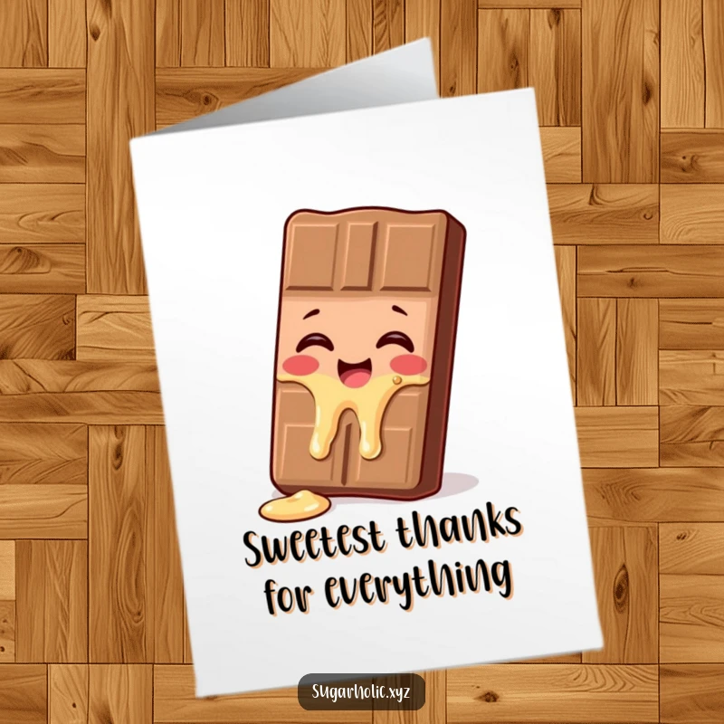 Funny Free Printable Thank You Card: Giggling chocolate bar melting with happiness, a humorous way to say thanks.