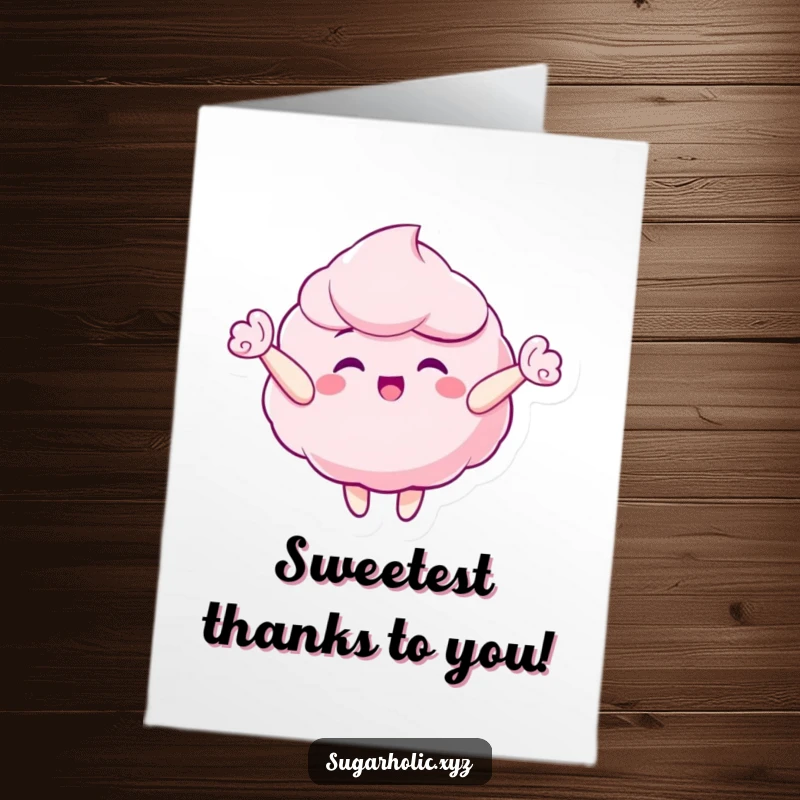 Funny Free Printable Thank You Card: A cheerful candy floss character floating blissfully, perfect for a sweet DIY gift.