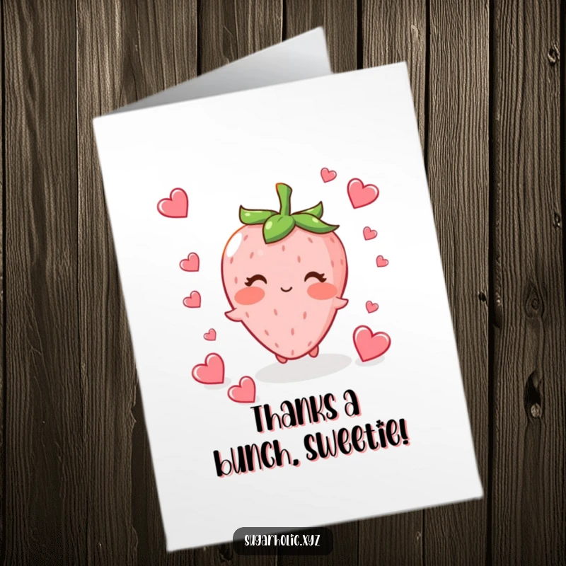 Funny Free Printable Thank You Card with a blushing strawberry character scattering hearts, perfect for expressing gratitude humorously.