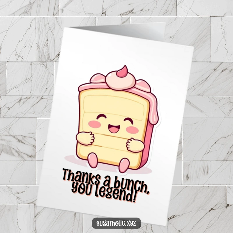 Funny Free Printable Thank You Card: A cheerful cake slice character extending a comforting hug, great for a DIY gift.