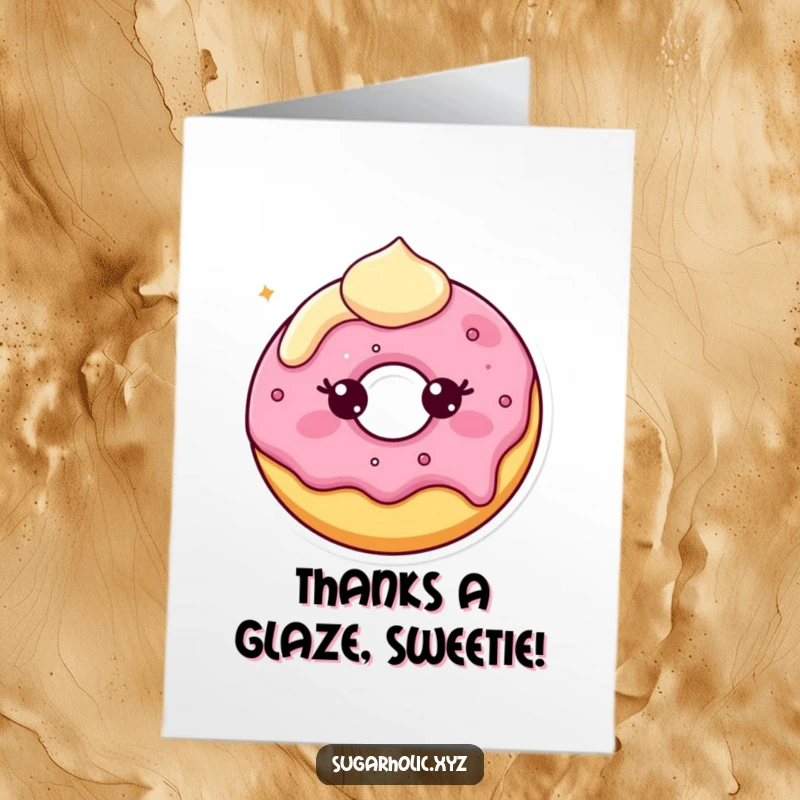 Funny Free Printable Thank You Card: A beaming donut character with deliciously melting frosting, offering heartfelt thanks.