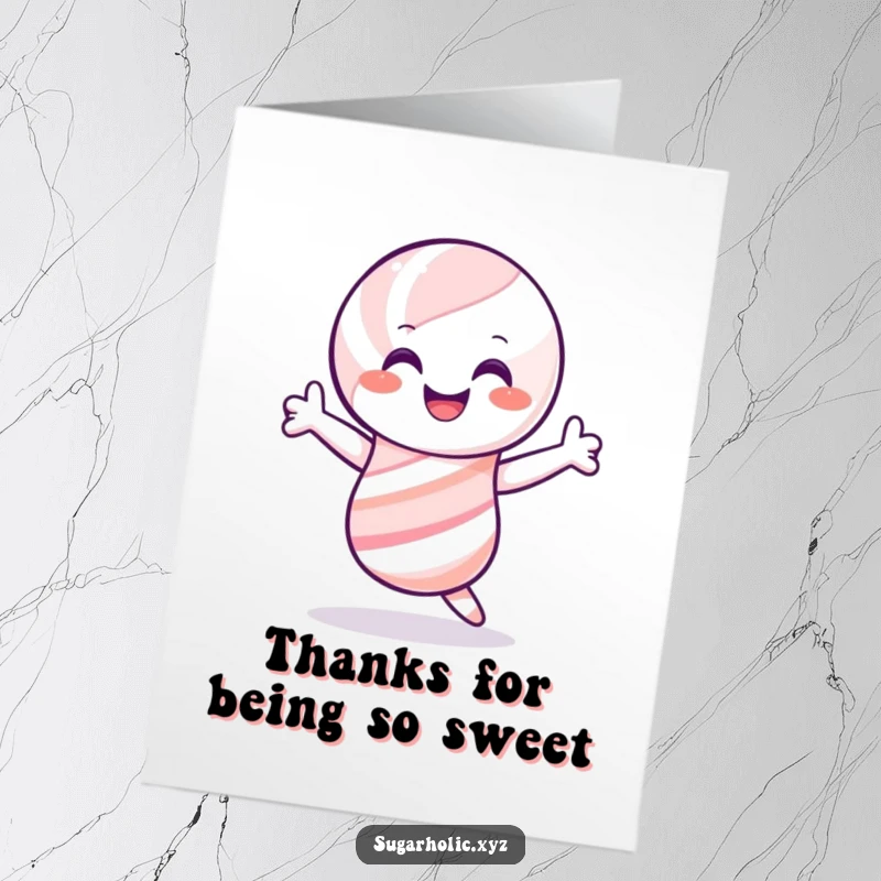 Funny Free Printable Thank You Card: Smiling candy cane character doing a joyful shimmy, a fun way to express thanks.