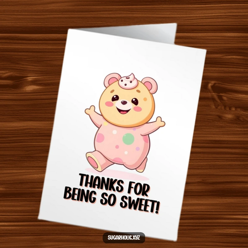 Funny Free Printable Thank You Card: A gleeful cookie bounces on a giant gummy bear, spreading thanks with a smile.