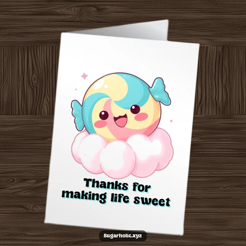 Funny Free Printable Thank You Card: Delighted candy piece floating on a cloud of sugar, a sweet way to say thanks.