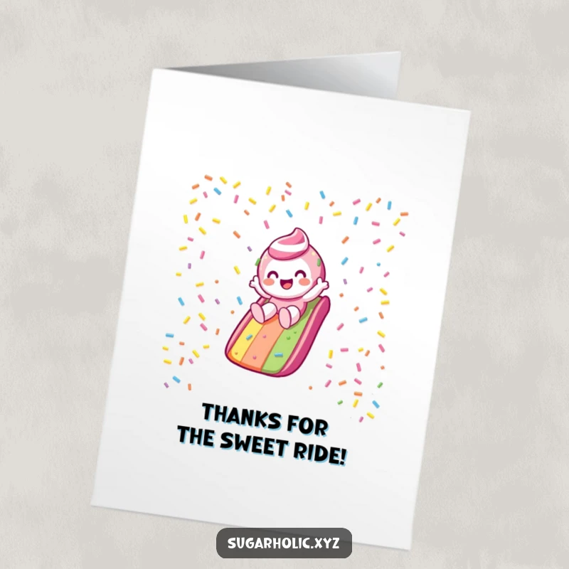 Funny Free Printable Thank You Card: A candy character gleefully slides down a rainbow sprinkle slide, delivering sweet and fun thanks.