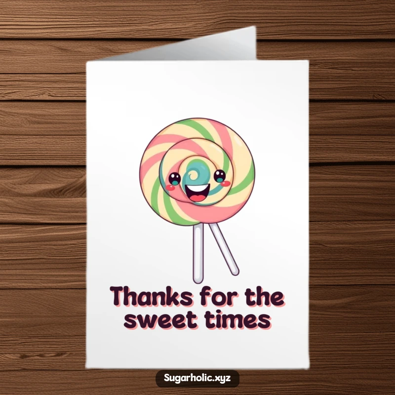 Funny Free Printable Thank You Card: A happy lollipop with swirling patterns spinning around, conveying sweet and cheerful thanks.
