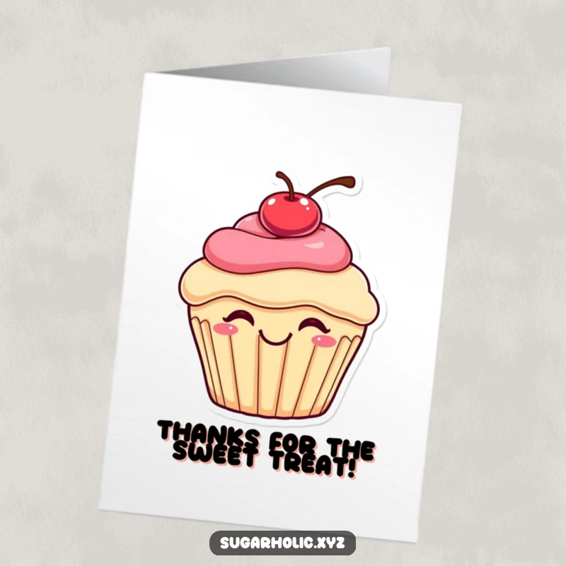 Funny Free Printable Thank You Card: A delightful cupcake with a cherry on top bounces happily.
