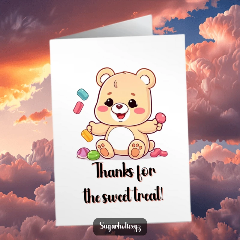 Funny Free Printable Thank You Card: Gummy bear artistically juggles candies, showing sweet thanks with a grinning face.