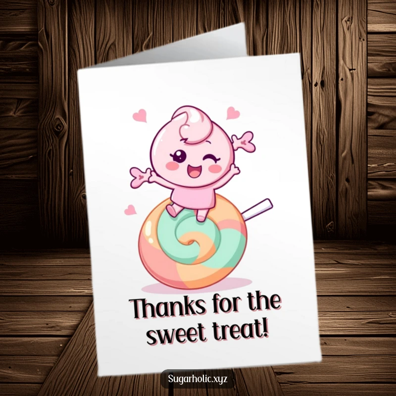 Funny Free Printable Thank You Card: A cheerful candy character energetically bounces on a giant lollipop, delivering sweet thanks.