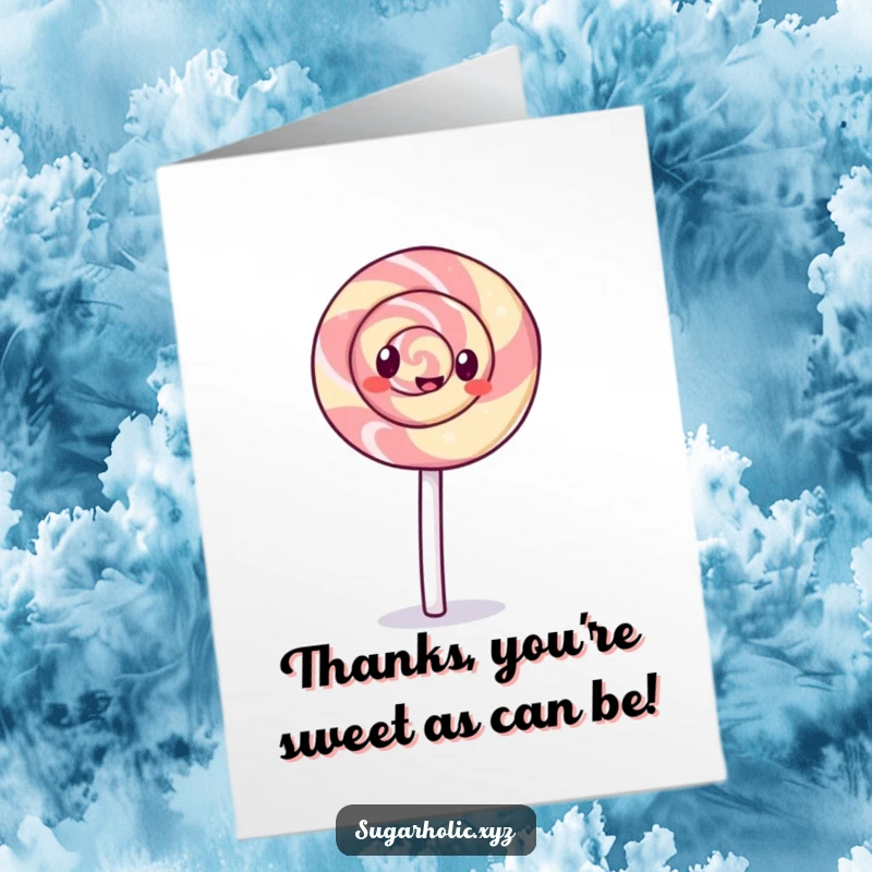 Funny Free Printable Thank You Card: A giggling lollipop with a swirl pattern performs a cartwheel, showing thanks with flair.