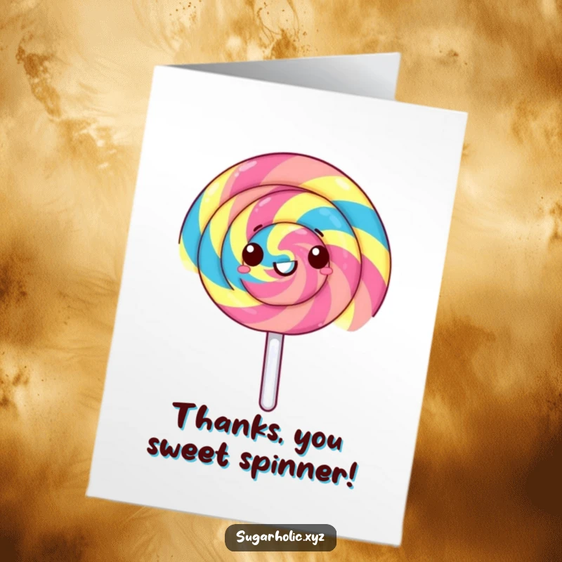 Funny Free Printable Thank You Card: A gleeful rainbow lollipop spinning rapidly, expressing thanks with sweet energy.