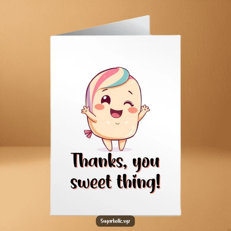 Funny Free Printable Thank You Card: A smiling candy performs a flamboyant curtsy, offering thanks with glamorous grace.