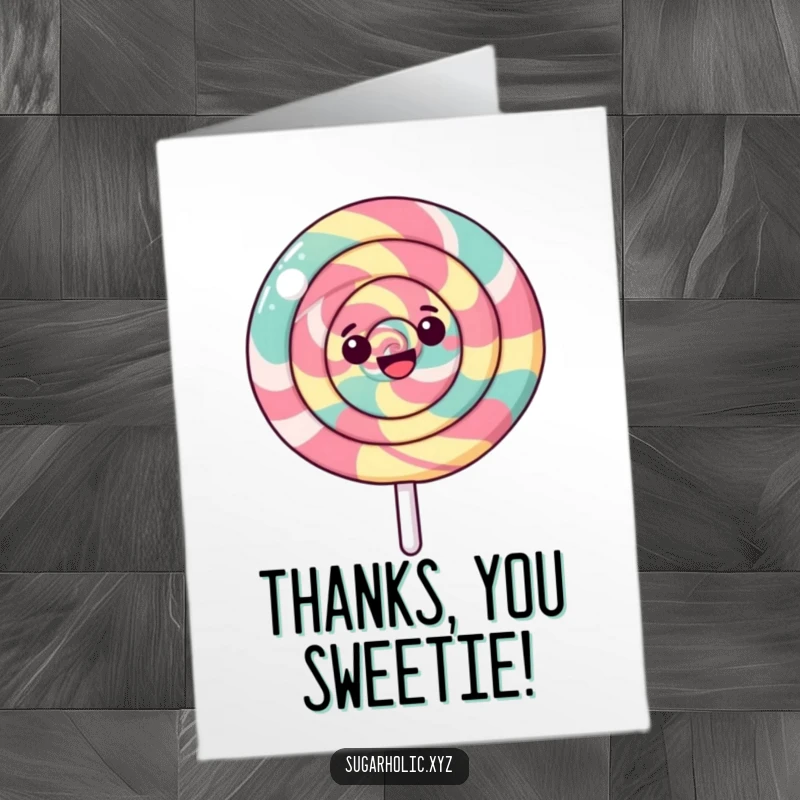 Funny free printable thank you card featuring a happy lollipop spinning with a swirling pattern, a sweet appreciation gift.