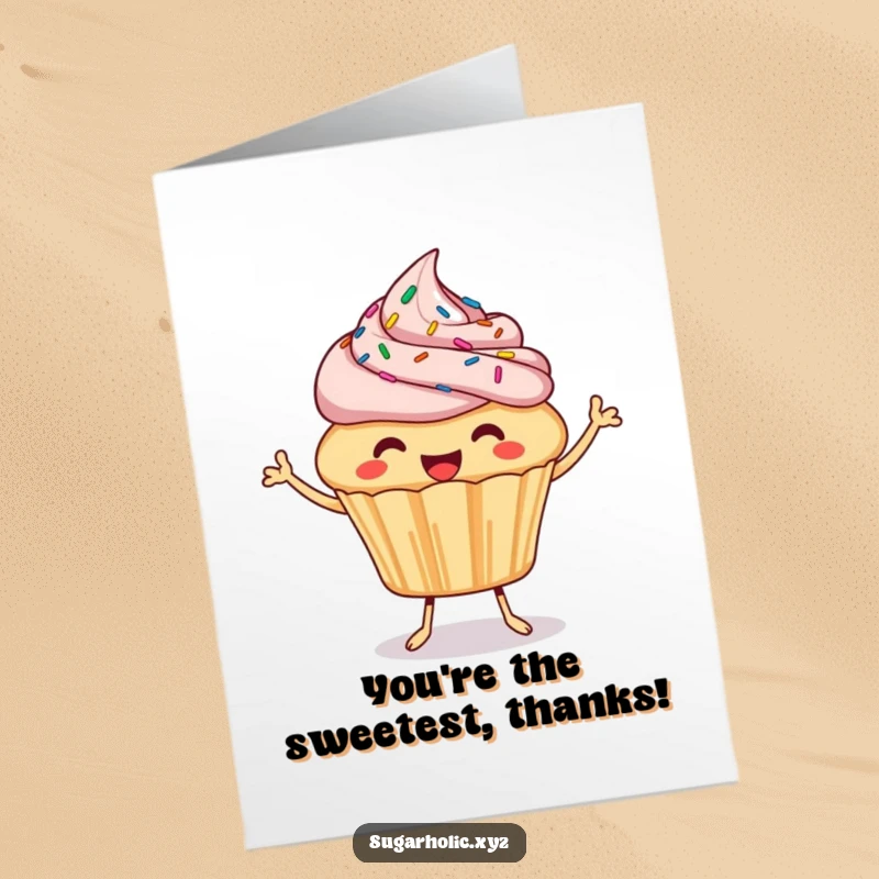 Funny free printable thank you card: a happy cupcake with sprinkles bouncing joyfully offering a bite for thanks.