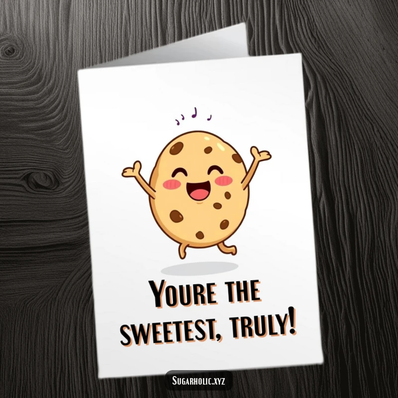 Funny Free Printable Thank You Card: A happy cookie dancing with a sugar sprinkle, perfect for a sweet downloadable gift.