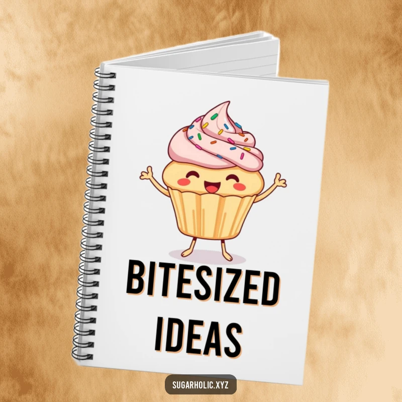 Funny Cupcake Notebook: A happy cupcake with sprinkles bounces and offers a bite, ideal for journaling with a sweet, humorous touch.