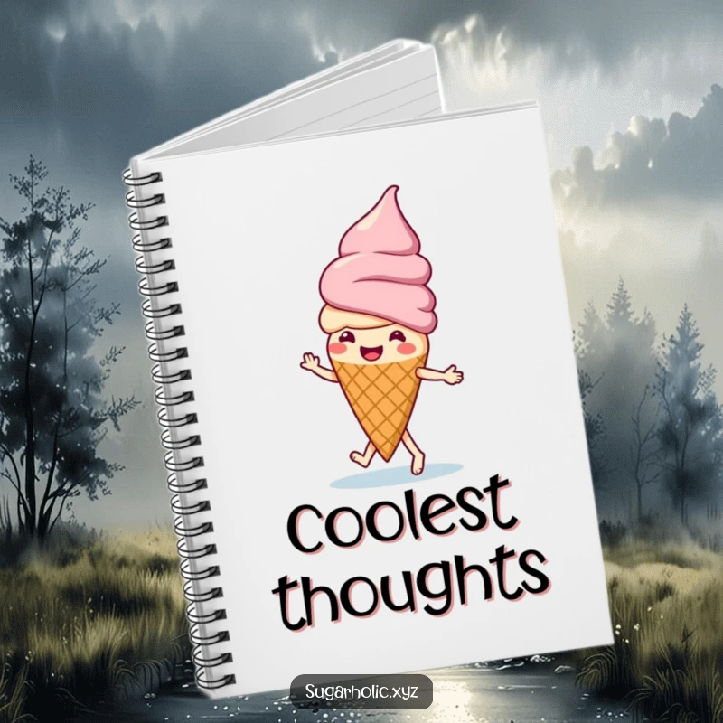 Funny ice cream cone doing a happy jig, showcased on a notebook cover, inspiring sweet thoughts and creativity.