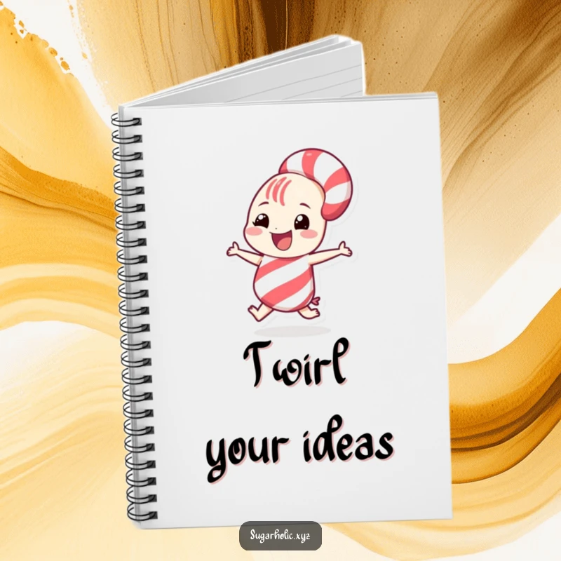 Funny grinning candy cane character doing a playful spin on a notebook cover, inspiring creative and festive notes.