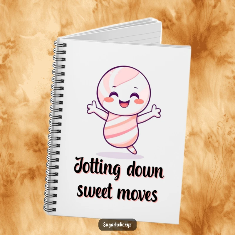 Funny candy cane notebook, smiling and shimmying joyfully, perfect for humorous holiday note-taking and gifts.