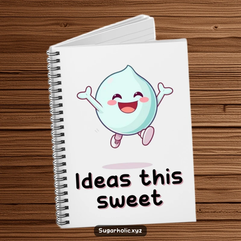 Funny Notebook with a grinning candy character leaping with pure sugary excitement, ideal for jotting down notes and dreams.