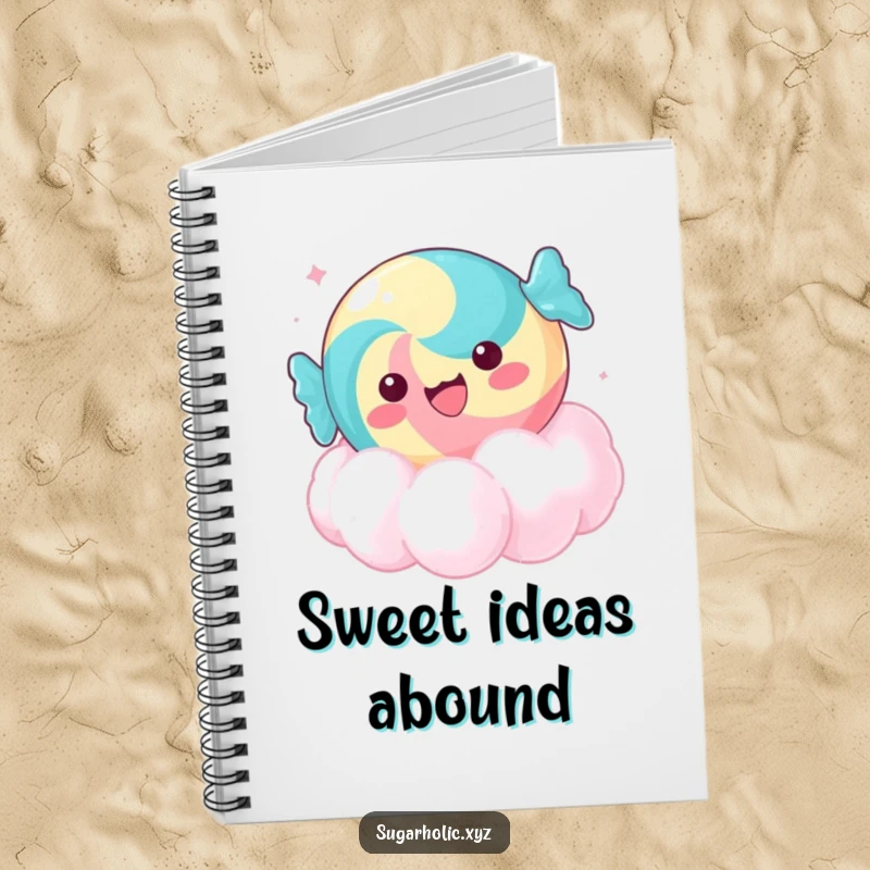 Funny delighted candy notebook, floating on a sugar cloud, perfect for humorous note-taking and creative gifts.