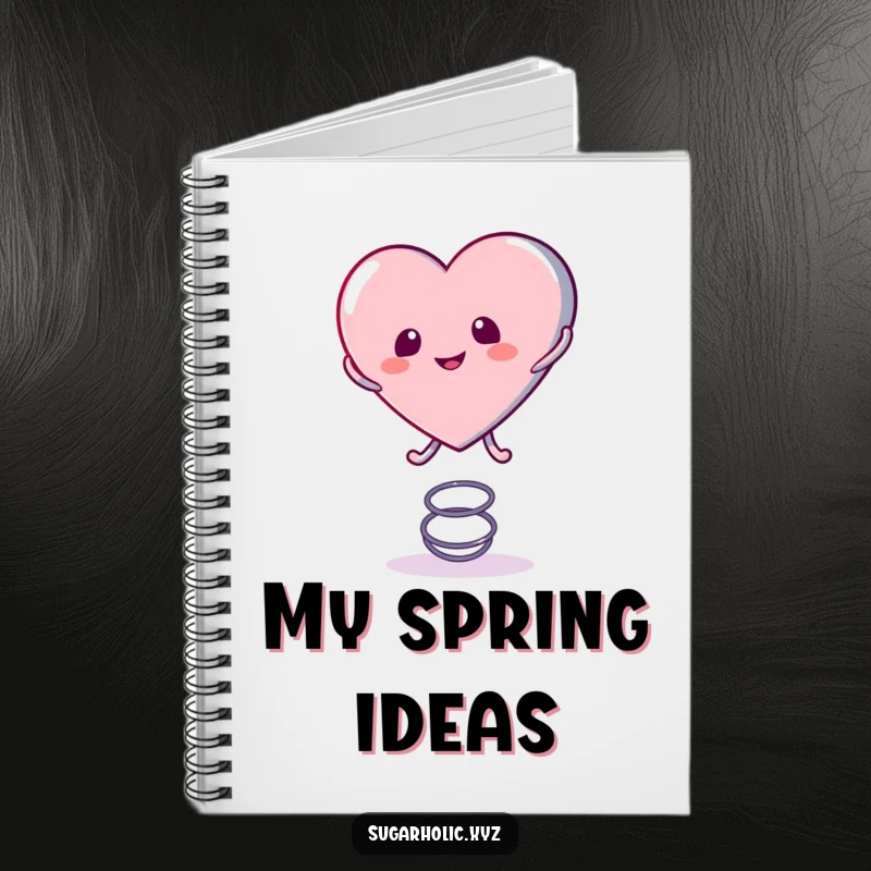 Funny Notebook with a candy heart character playfully bouncing on a spring, perfect for jotting down creative and cheerful thoughts.