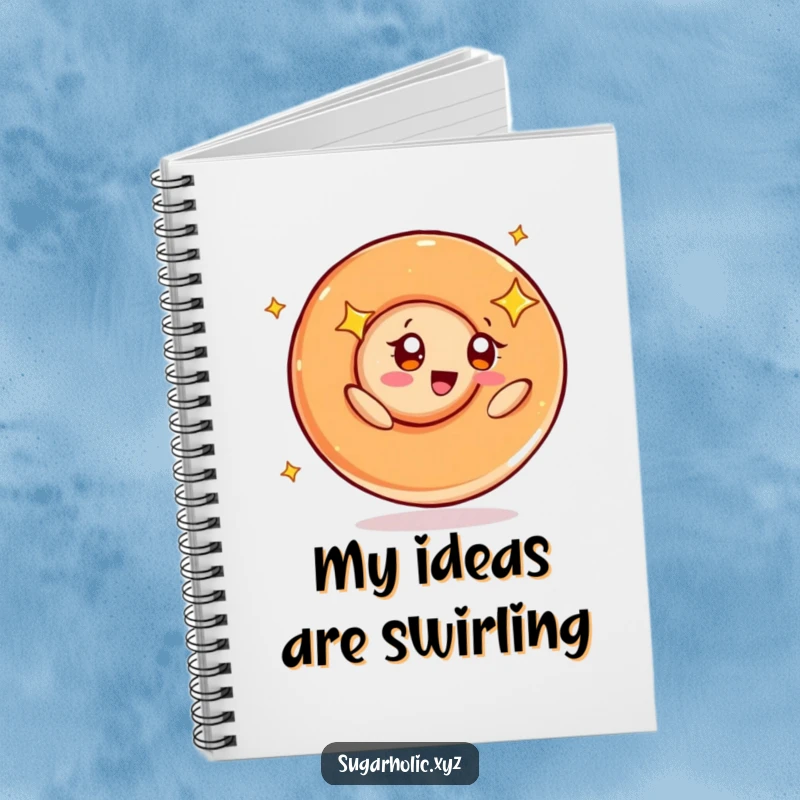 Funny notebook cover with a caramel swirl character happily spinning, its starry eyes reflecting pure imagination and fun.