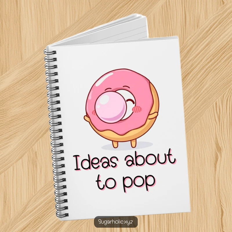 Funny donut character, focused on blowing a giant bubble gum bubble, perfect for journaling and creative notes.