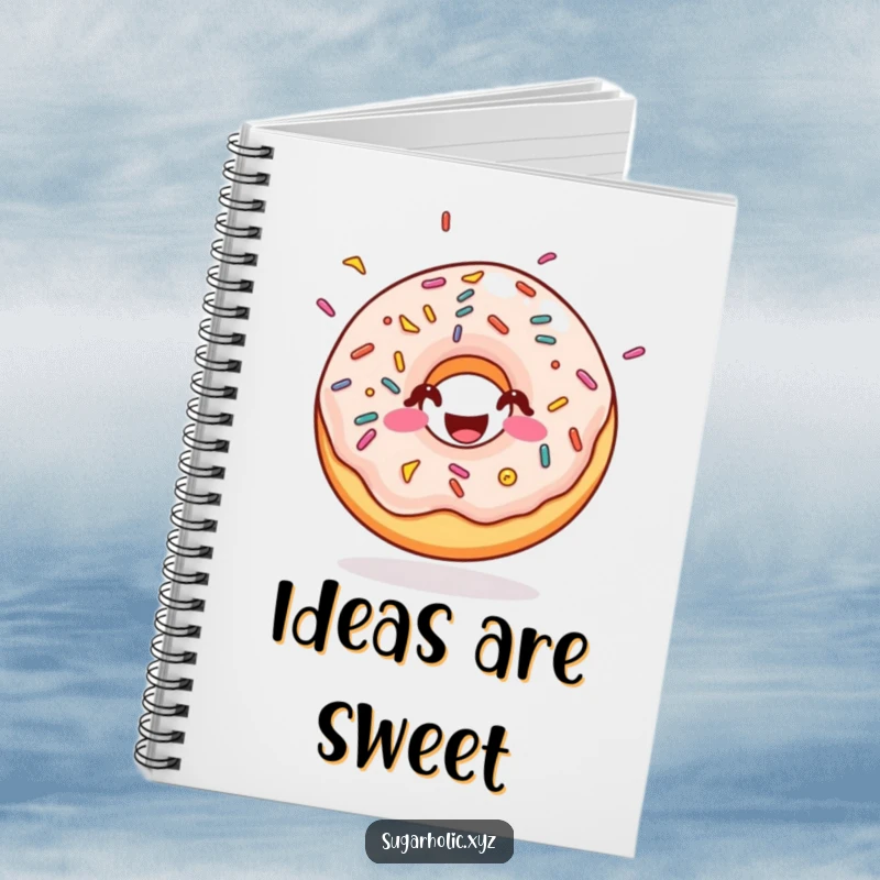 Funny doughnut notebook with sprinkles, bouncing with pure sugary joy, for writing and planning, sweet design, funny gift.