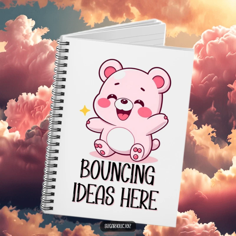 Funny notebook cover with a grinning gummy bear bouncing, encouraging energetic journaling and creative expression.