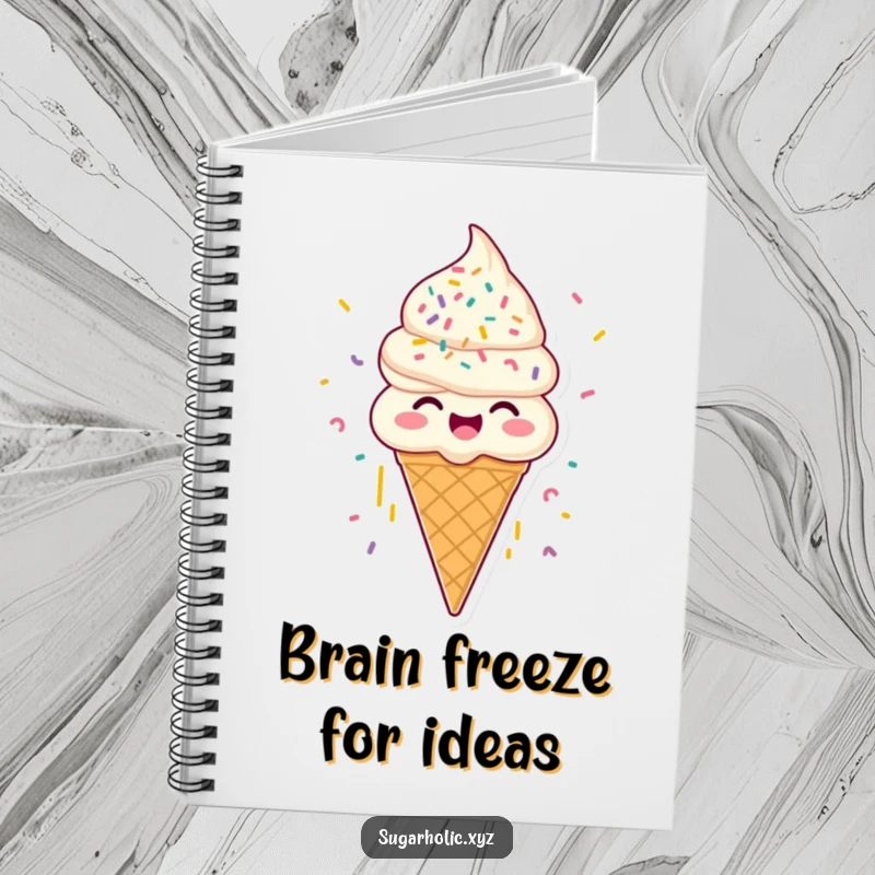 Funny joyous ice cream cone notebook, with sprinkles raining down, perfect for humorous note-taking and creative gifts.