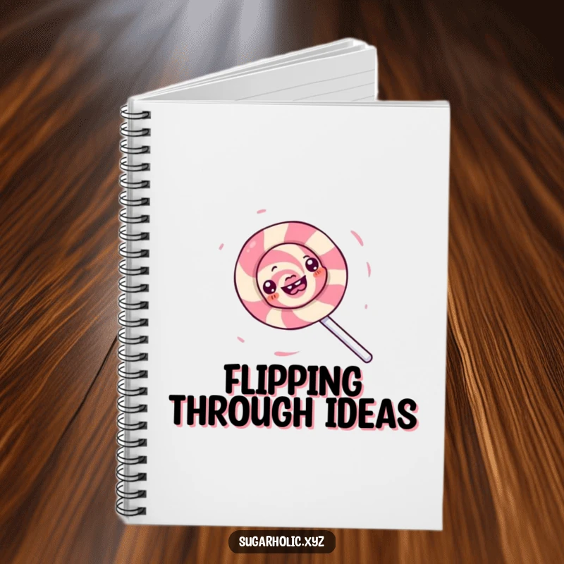 Funny notebook featuring a gleeful lollipop character spinning in a whirlwind of sugary delight, perfect for notes.