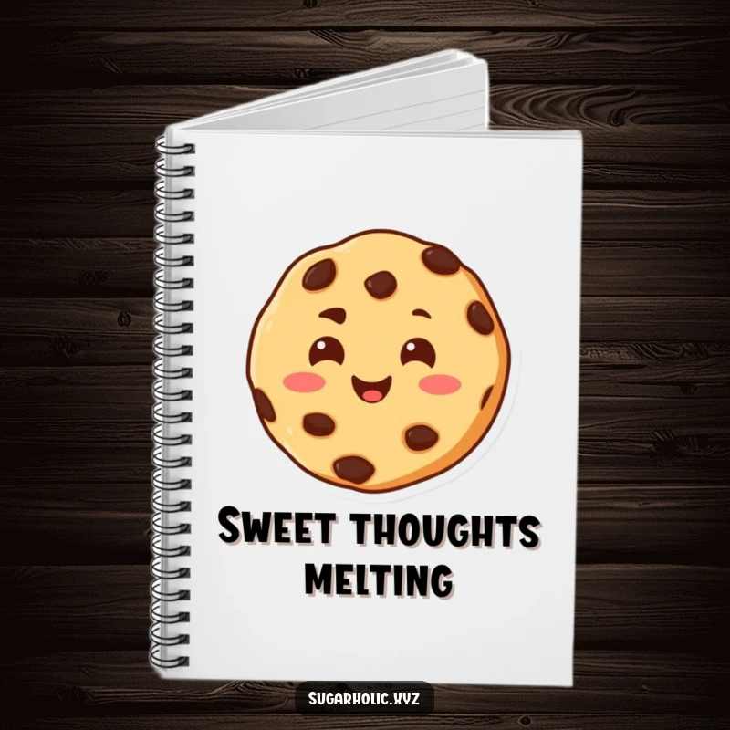 Funny notebook cover with a cheerful chocolate chip cookie character, smiling warmly and melting with happiness.