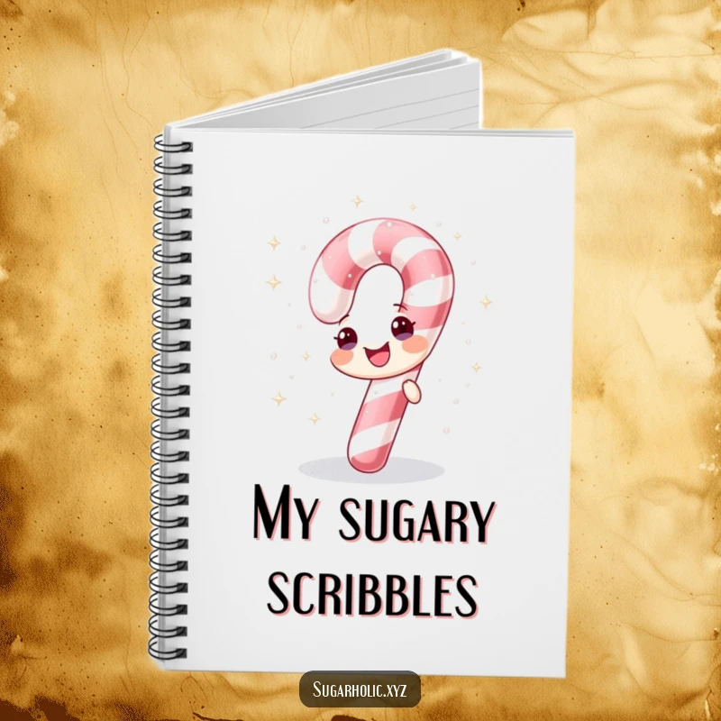 Funny notebook with a cheerful candy cane showering itself with sparkling sugar, ideal for holiday notes.
