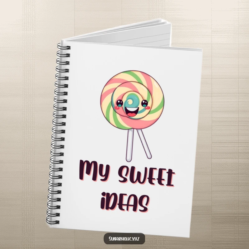 Funny Notebook: A happy lollipop with a swirling pattern spinning, perfect for jotting down ideas with a touch of sweetness.