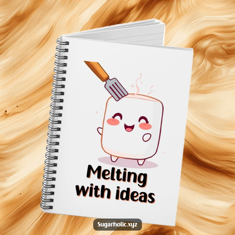 Funny notebook with a cheerful, blushing marshmallow being toasted, ready to capture brilliant ideas.